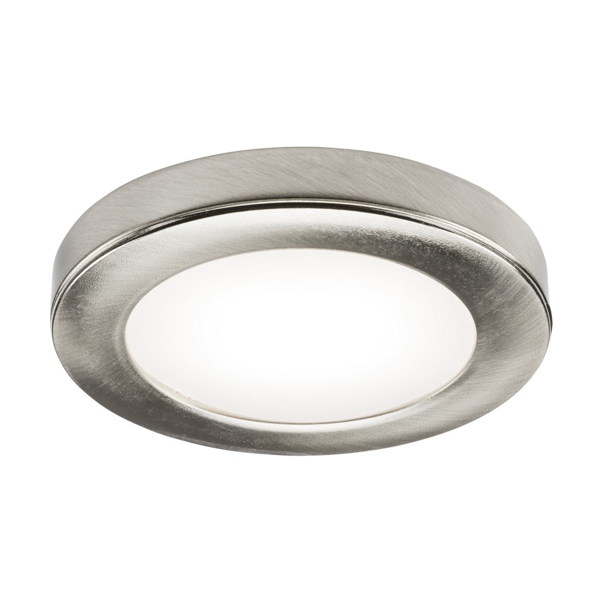 A round brushed chrome metal LED ceiling light with a frosted glass cover, emitting a 4000K cool white glow.