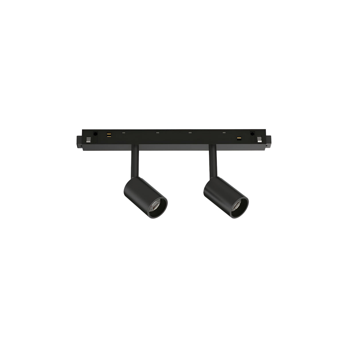 A black rectangular ceiling light fixture includes the Luxeon LED Magnetic Twin Track Spotlight, featuring two adjustable cylindrical spotlights that deliver 5W illumination with a warm 3000K light output.