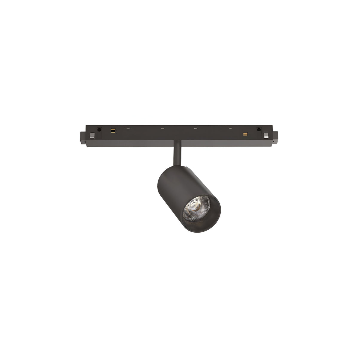 The Luxeon LED Magnetic Track Spotlight 8W 3000K - Black, with its cylindrical design and stylish black finish, is gracefully positioned on a ceiling-mounted horizontal rail against a white background. It emits a cozy 3000K glow, ideal for accentuating your space.