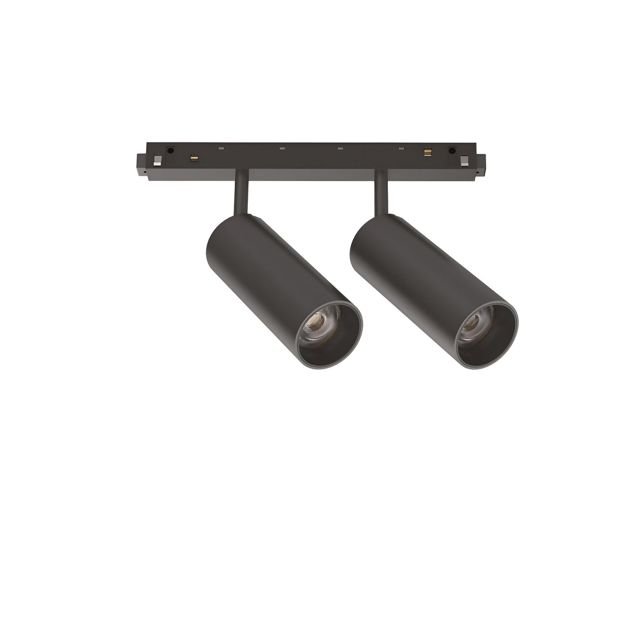 The Luxeon LED Magnetic Twin Track Spotlight 24W in black features two cylindrical heads mounted on a rectangular base, providing modern accent lighting with 3000K illumination. Designed for adjustable directional lighting, the spotlights are aligned in parallel.