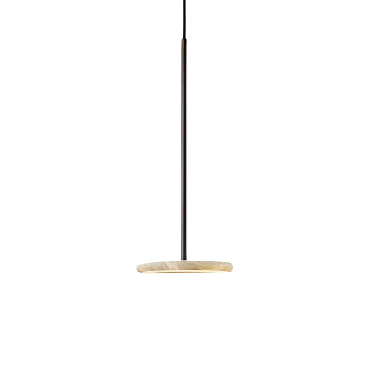 The Xarelix LED Floating Disc Alabaster Single Pendant Light in matte black and soft white features a slim rod and flat round shade, suspended from the ceiling against a plain white background.