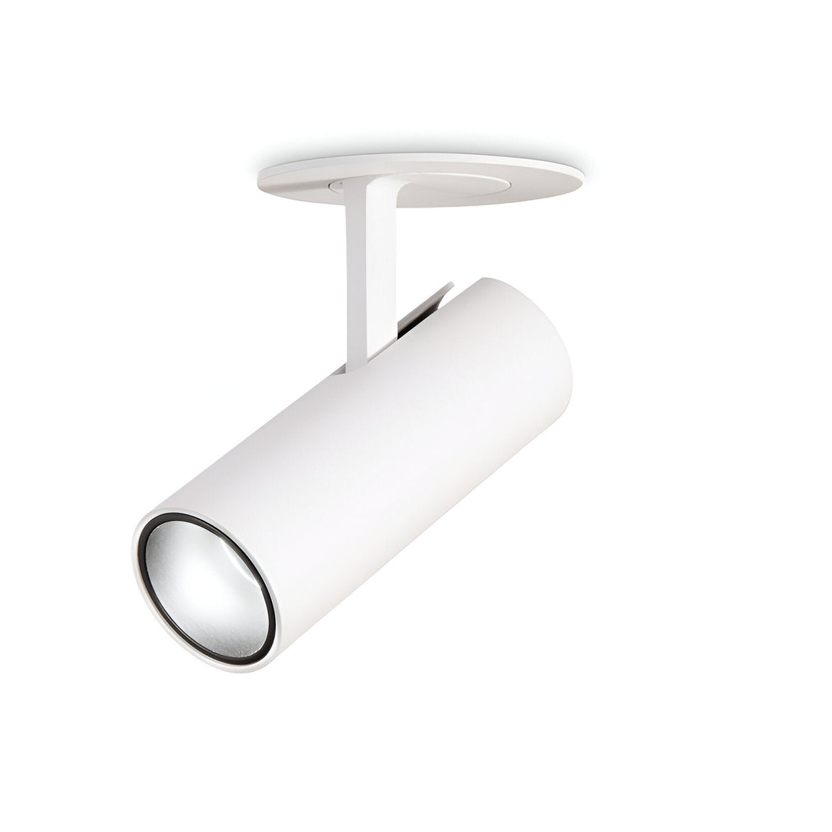 The Opal LED Single Recessed Spotlight 7W 3000K in white is a modern, cylindrical ceiling spotlight featuring a minimalist design. It is mounted on a round base and includes a sleek, adjustable light body that connects the light to its base, making it perfect for focused illumination. This spotlight adds stylish functionality to any space.