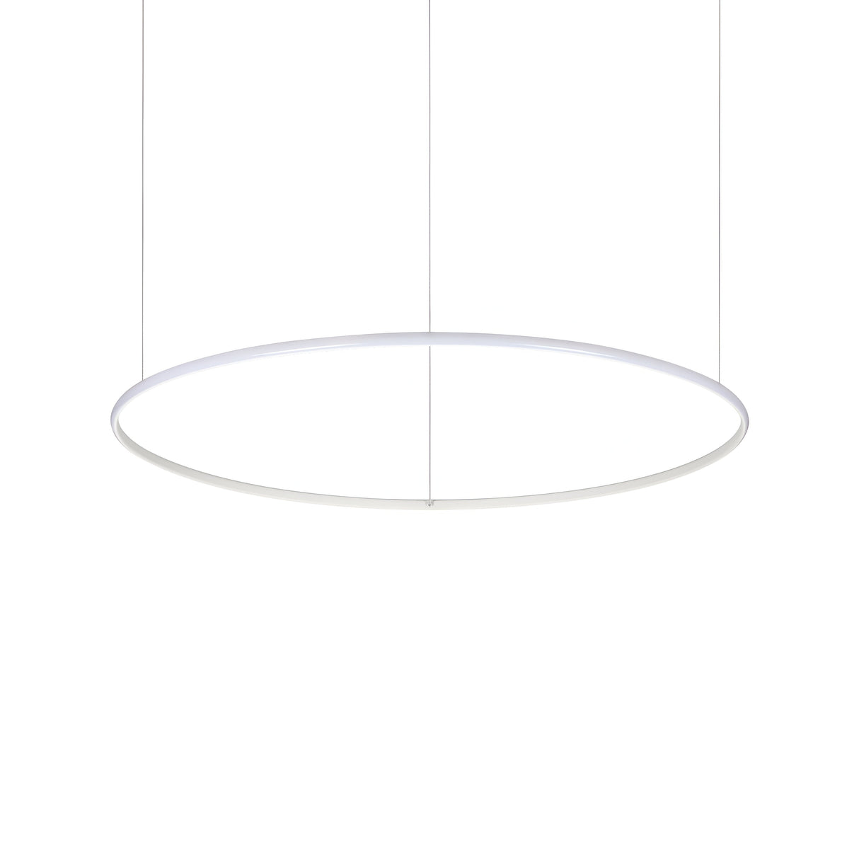 The Niche LED Suspension Light 46W 300K - White, with its minimalist design and thin circular rim, is suspended by two wires. It stands out against a plain white background, highlighting its sleek modern aesthetics while offering efficient lighting.