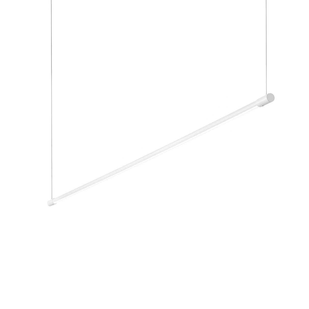 A minimalist Wave LED Suspension Light 16W, 3000K in a white finish, gracefully hangs at a slight angle by thin cables against a plain white background. Its sleek, modern design makes it perfect for energy-efficient lighting in contemporary interiors.