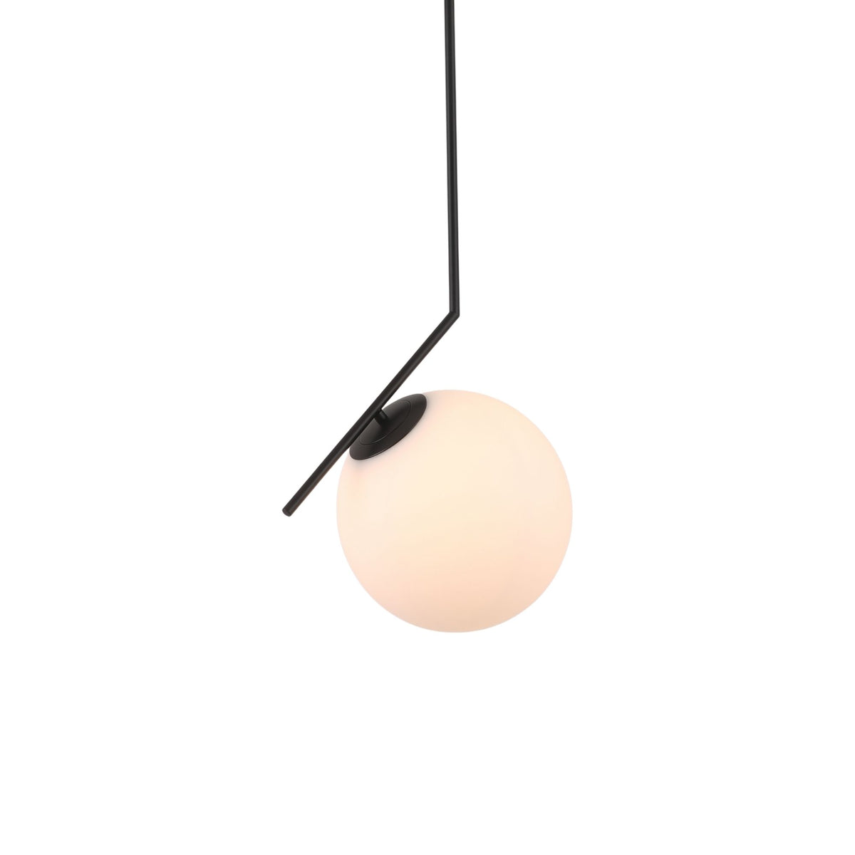 Niori Vetra Large Pendant Light with frosted opal glass globe suspended from an angled matt black metal arm, shown on a plain white background.