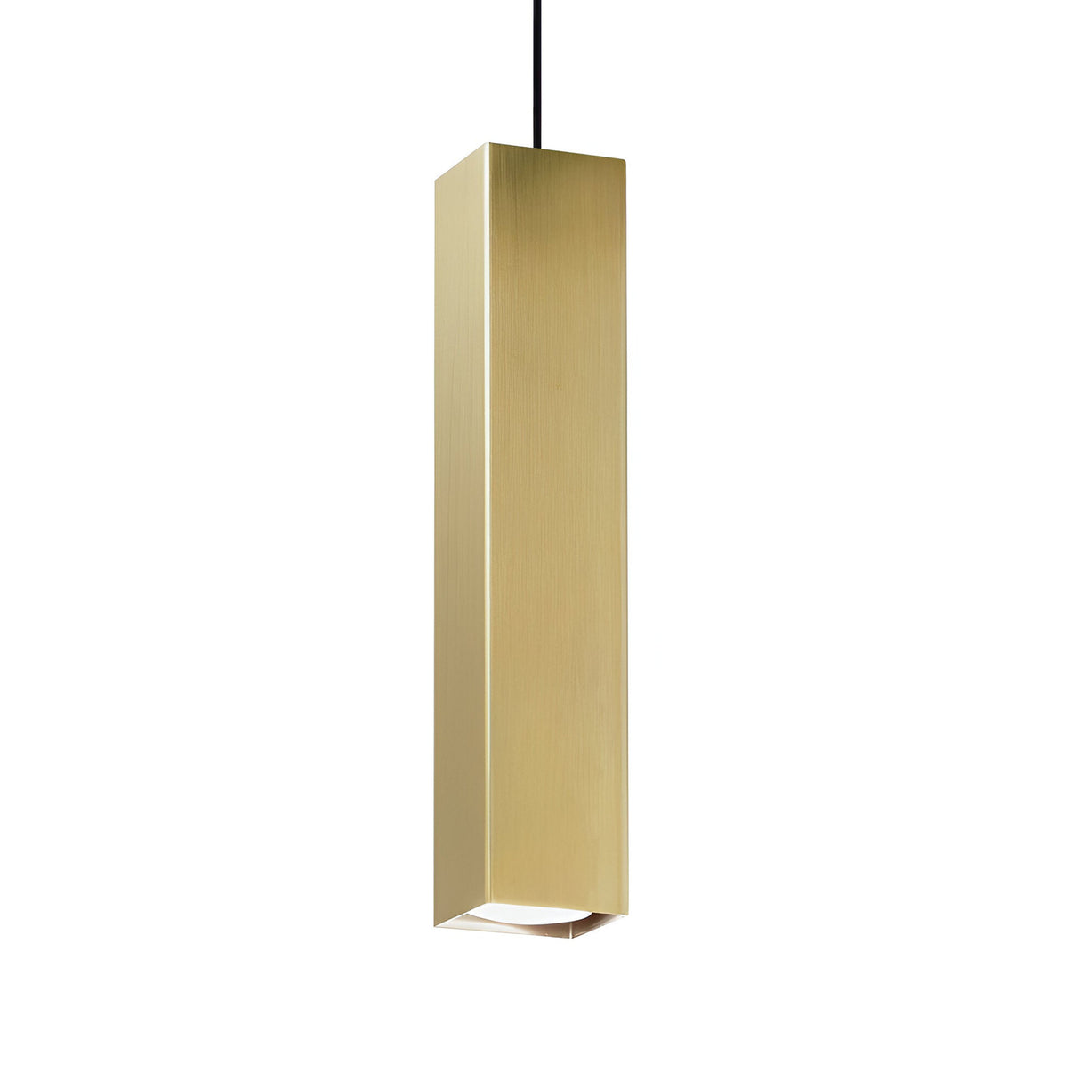 The Emberlux 1 Light Pendant - Brass displays a sleek, modern rectangular design. It hangs from a black cord against a plain white background, highlighting its elegant aesthetic and dimmable feature.