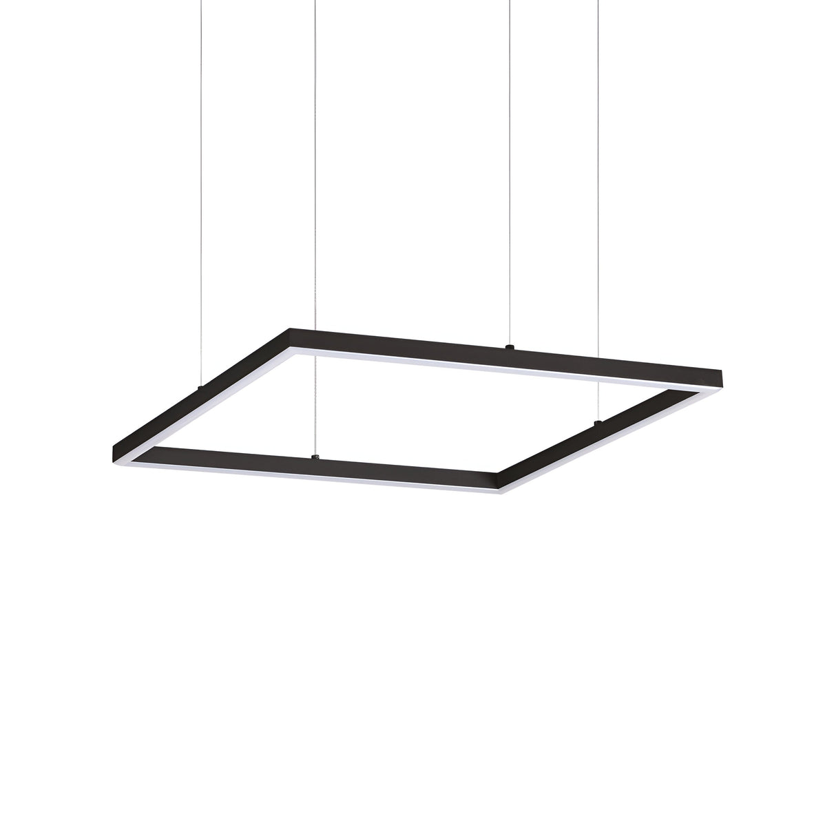 The Arcena Square LED Suspension Light - 3000K, Black, 50cm showcases a minimalist rectangular design with a sleek black frame and is suspended by four cables. It offers energy-efficient lighting, creating the illusion of floating effortlessly against a plain white backdrop, capturing the essence of modern geometric style.