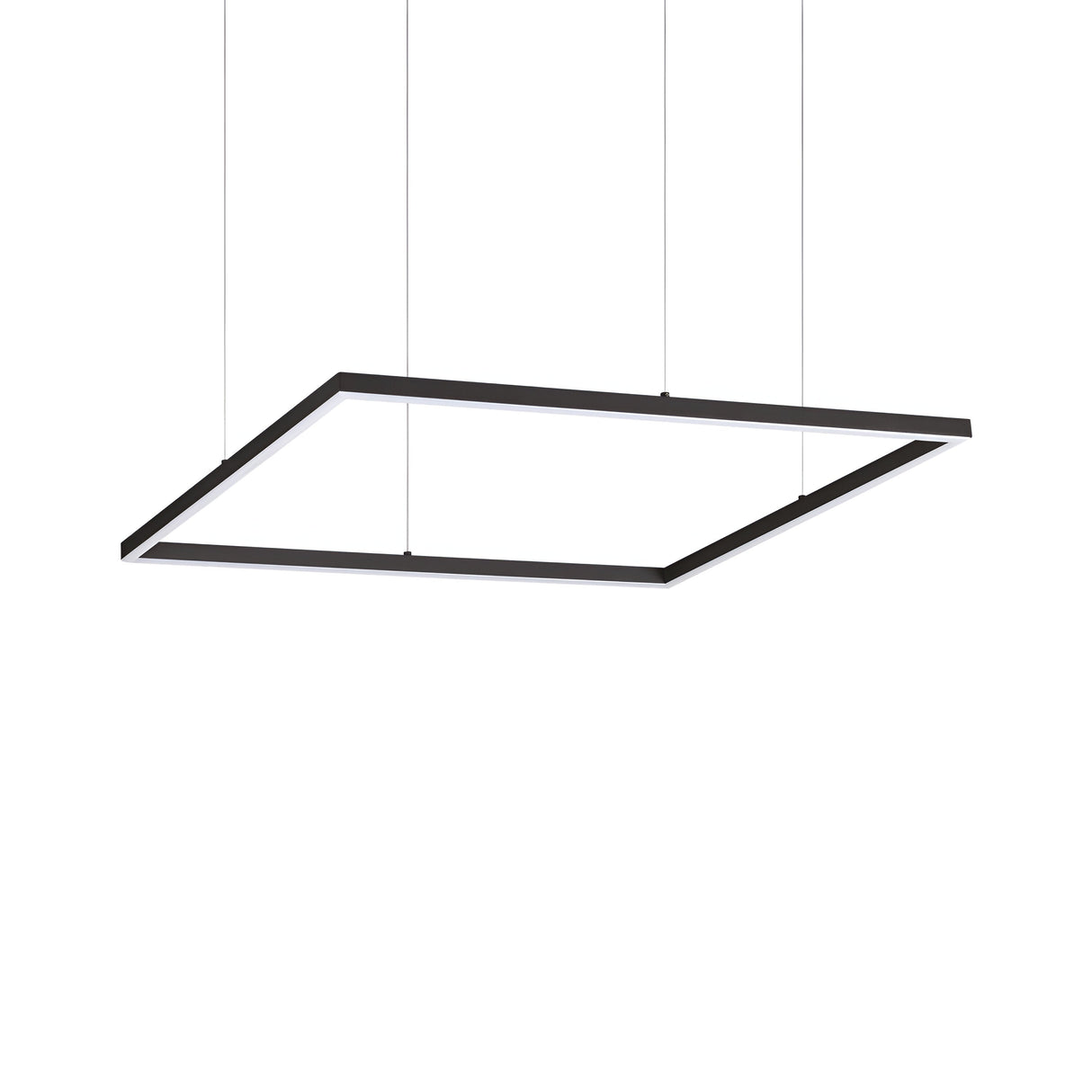The Arcena Square LED Suspension Light - 3000K, Black, 70cm is a minimalist pendant fixture characterized by its sleek, rectangular frame suspended from the ceiling by four thin wires. This contemporary lighting piece reflects modern design principles and energy efficiency while maintaining a balanced, horizontal position.
