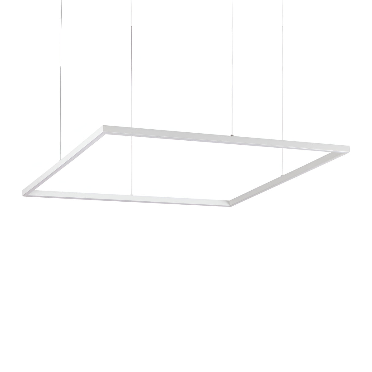 The Arcena Square LED Suspension Light - 3000K, White, 90cm is a minimalist white rectangular ceiling fixture suspended by four thin wires, ideal for modern interiors. Its sleek design against a plain white background enhances style while maintaining low energy costs.