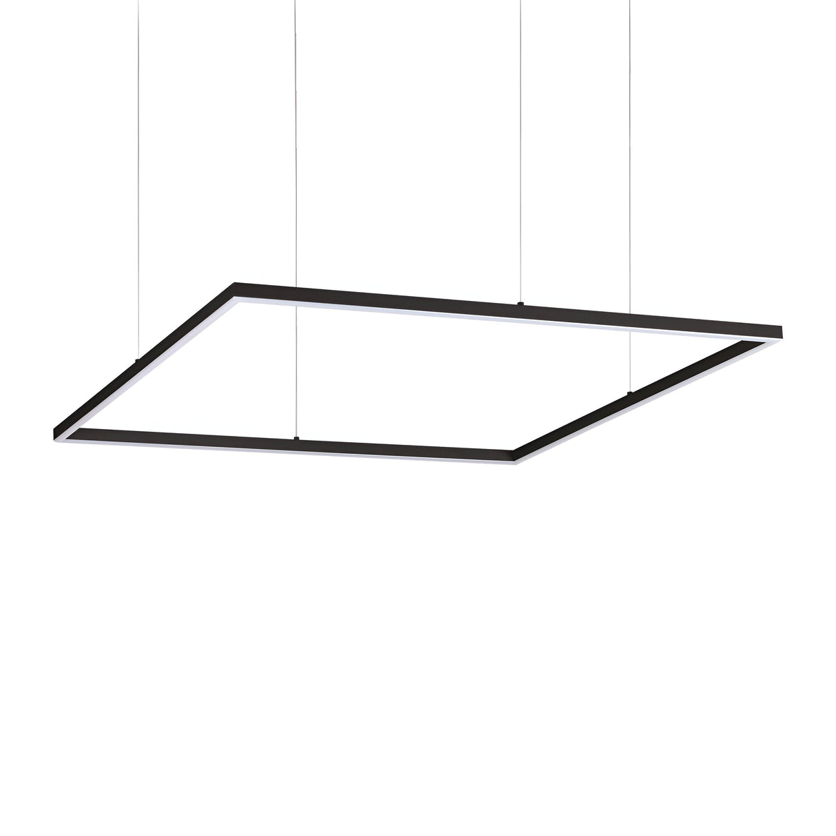 The Arcena Square LED Suspension Light - 3000K in black, with a minimalist design reminiscent of a geometric square shape, is suspended by thin cables against a white background. This 90cm fixture provides energy-efficient illumination, adding a sleek and modern touch to any space.