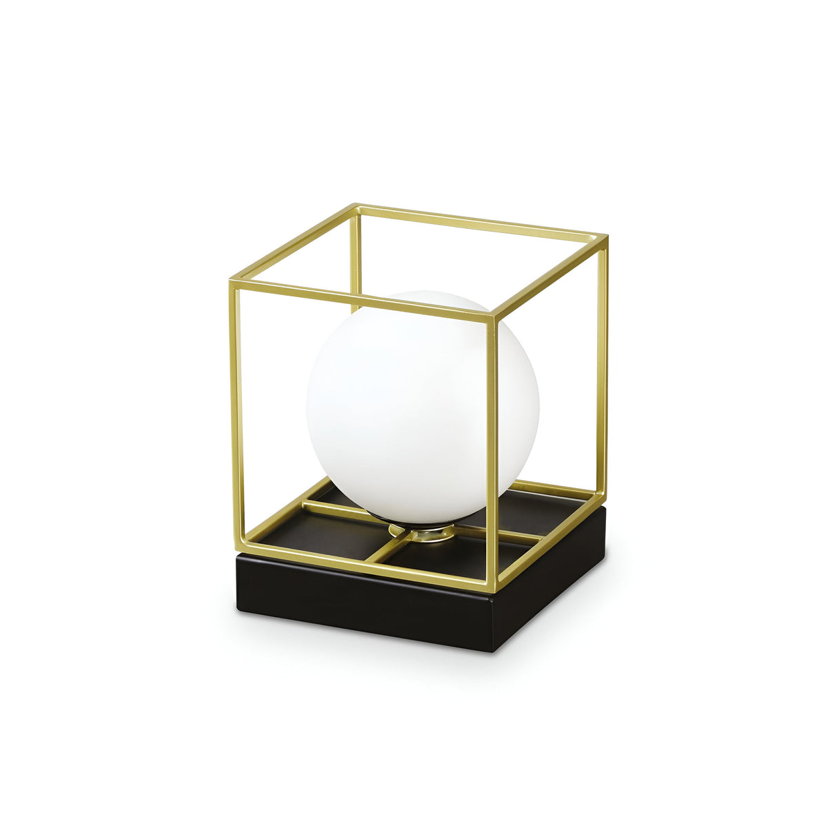 The Dawn Small Table Lamp - Brass showcases a white spherical light bulb enveloped in a gold wireframe cube, providing a minimalist design. Its stylish black base enhances the modern feel, making this table lamp an elegant addition to any space.