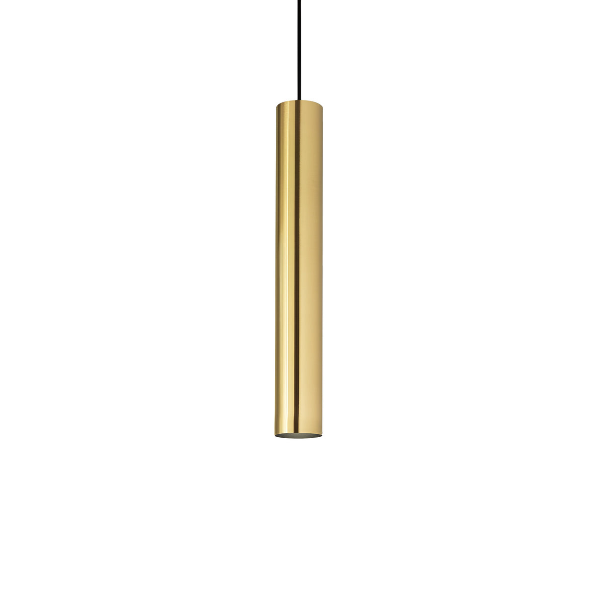 The Noctis 1 Light Pendant - Gold, 6cm is a sophisticated cylindrical pendant light fixture with a polished gold finish and an adjustable fabric cable. Suspended from a black cord against a white background, it offers elegant ambient lighting.