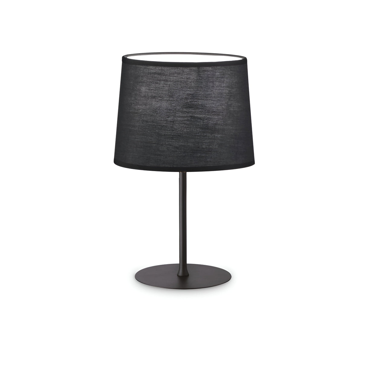 Presenting the Aethera Small Table Lamp in black, boasting a contemporary ambient light design with a cylindrical fabric shade and an elegant slender metal base, all standing gracefully on a round platform against a minimalist white backdrop.