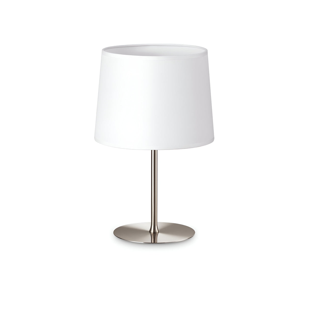 The Aethera Small Table Lamp in nickel and white boasts a contemporary design with a sleek nickel stem and a cylindrical white fabric shade. This elegant piece adds sophistication to modern homes, featuring a slim profile and sturdy circular base that effortlessly blends into any plain white backdrop.