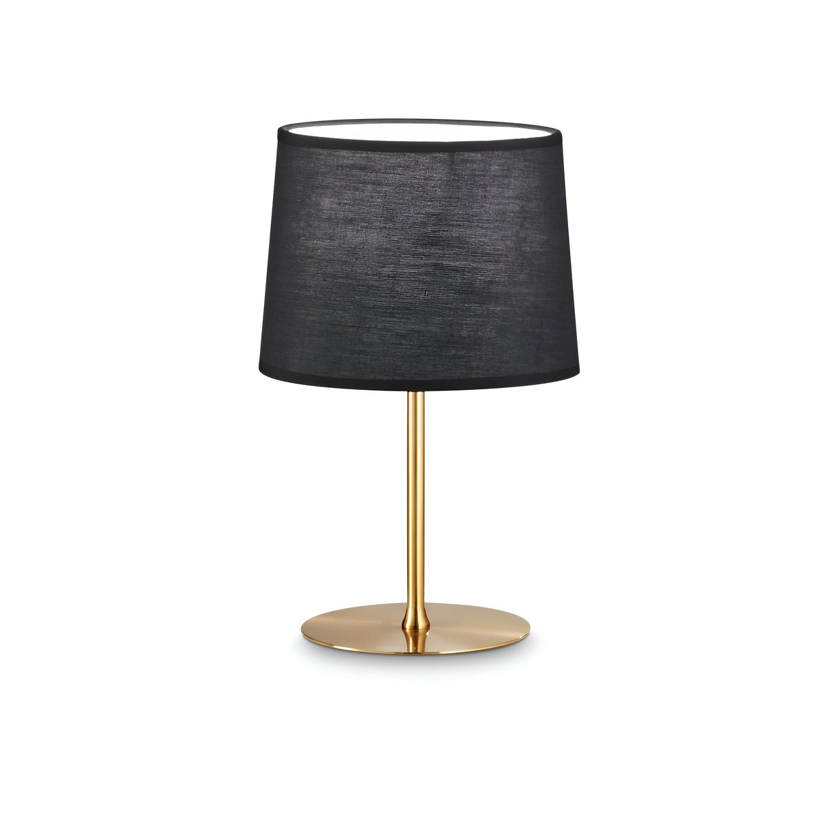 The Aethera Small Table Lamp - Brass showcases a contemporary style with a black cylindrical shade elegantly positioned on a sleek, brass-finish base. Its minimalist design is accentuated by the slender stem, making it an elegant addition to any home decor.