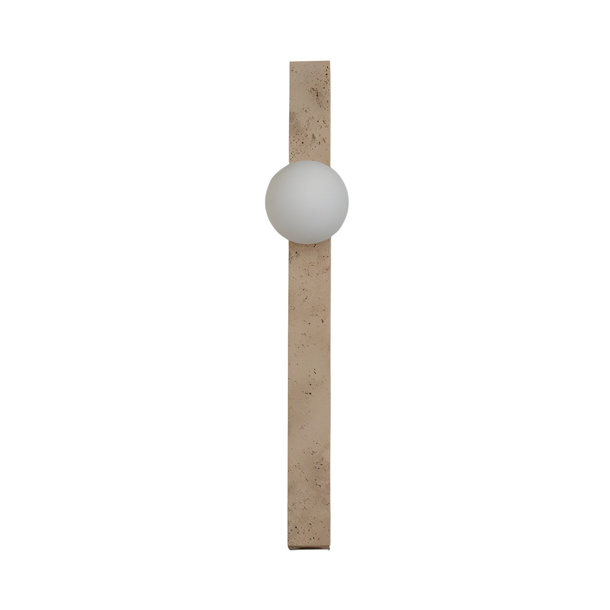 The Selvara 1 Light Vertical Bar Travertine Wall Light in light beige features a minimalist modern design with a vertical travertine bar and a centered round frosted white globe, displayed against a white background.