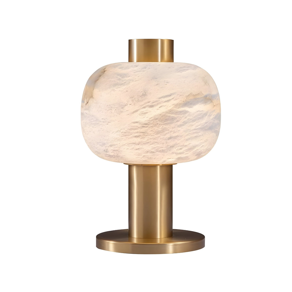 The Marveta 1 Light Large Rounded Alabaster Table Lamp features a soft white, stone-like shade and a cylindrical brass base, offering a minimalist contemporary style ideal for modern interiors.