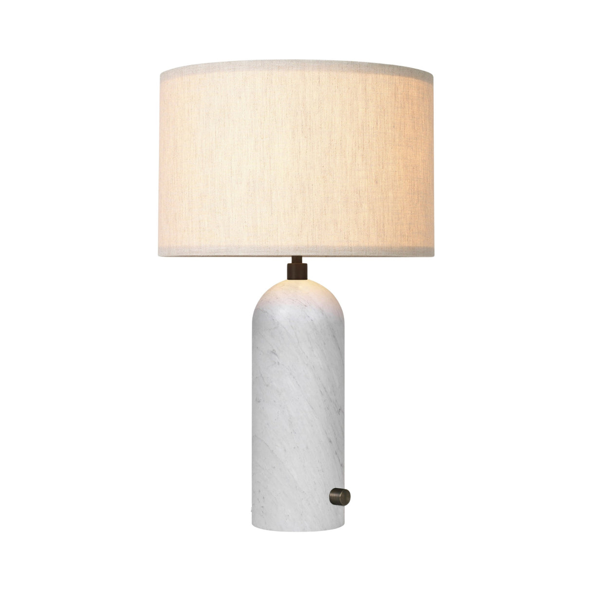 The Arvello 1 Light Minimal Marble Table Lamp – White features a cylindrical white marble base, brass accent, and a large round cream fabric shade that casts a soft glow.