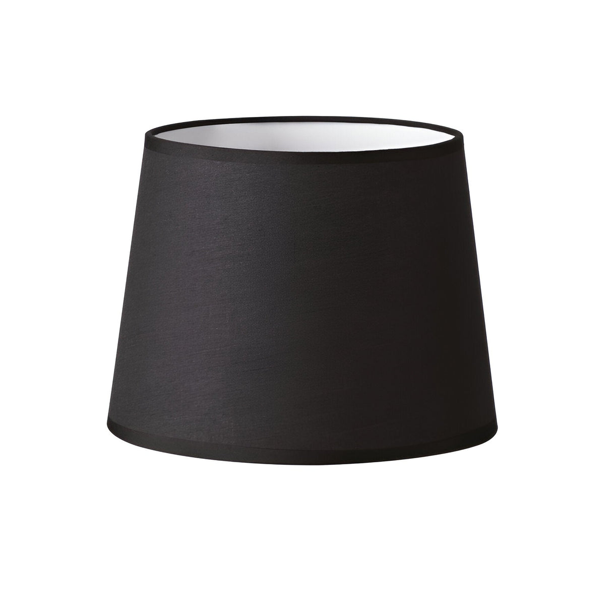 The Aethera Cone Lampshade in black, measuring 20cm, showcases a slightly tapered design with a white interior, capturing modern minimalist aesthetics. This standalone piece gracefully enhances contemporary spaces when set against a plain white backdrop.