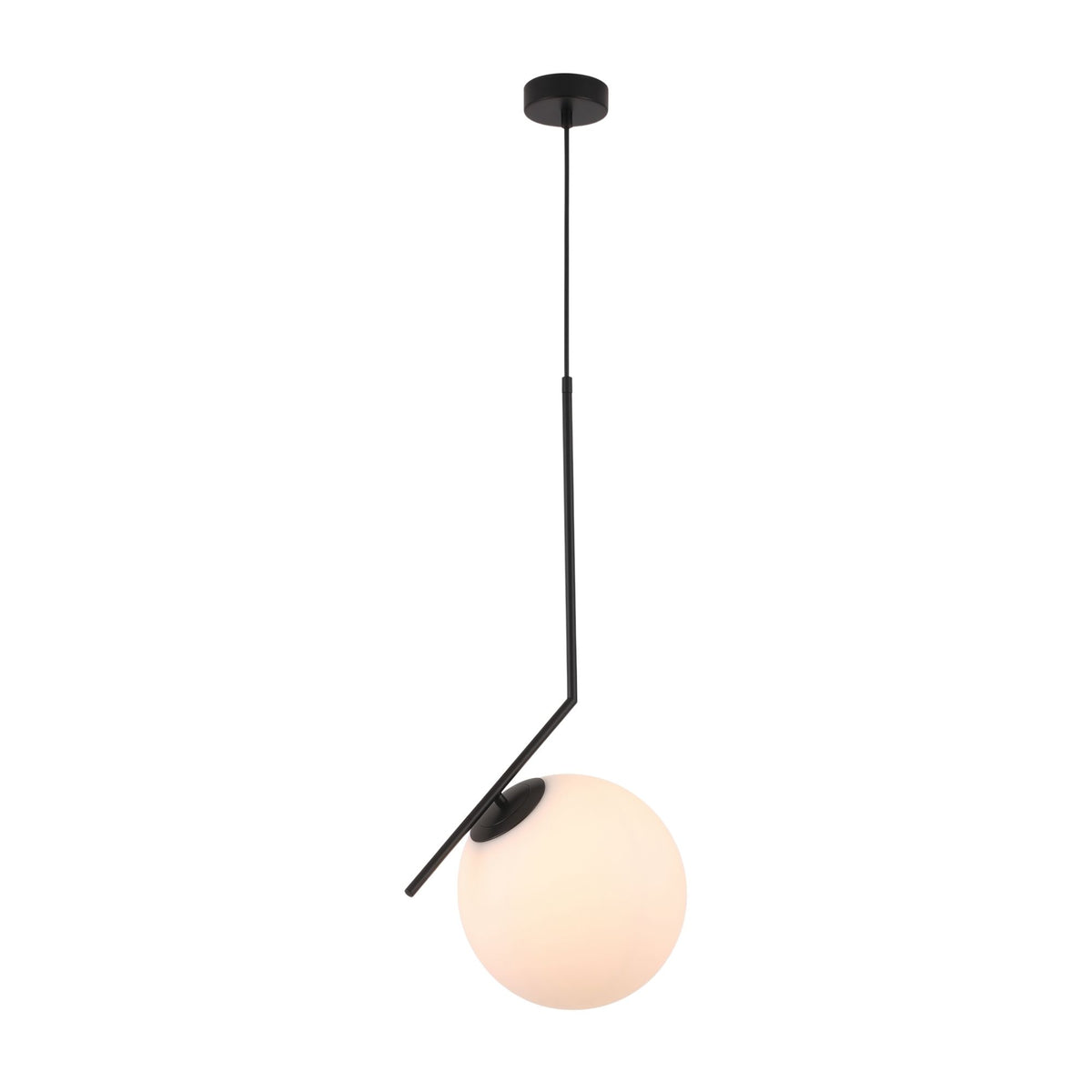 Niori Vetra large pendant light with frosted opal glass globe on a matt black angled metal arm and ceiling rose, shown on a white background.