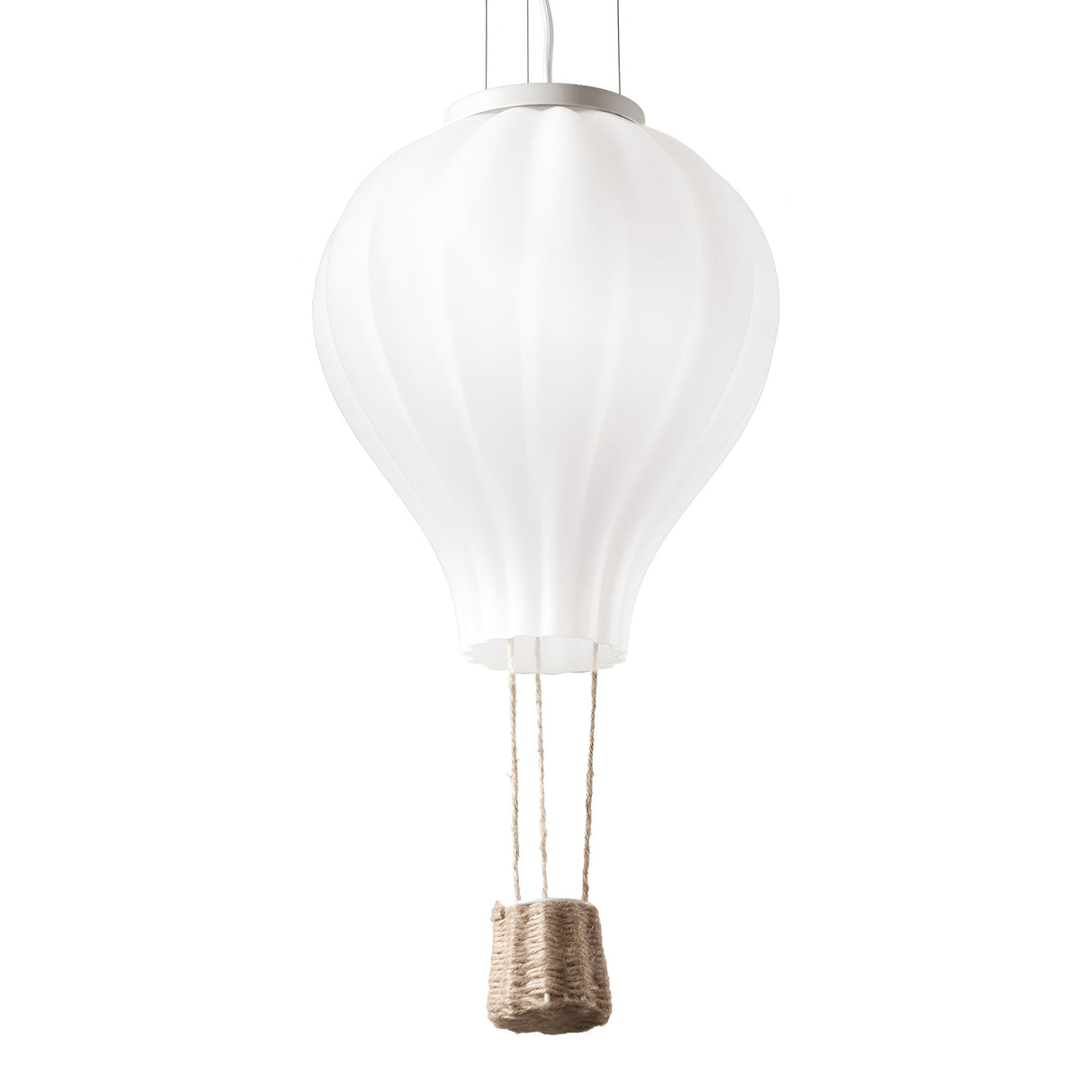Introducing the Brilliance 1 Light Glass Pendant - White, 42cm: a unique pendant lamp inspired by the look of a hot air balloon. It showcases a globe-shaped light fixture with a white glass finish, dimmable functionality, and features a small woven basket suspended below by cords to enhance its whimsical balloon-like design.