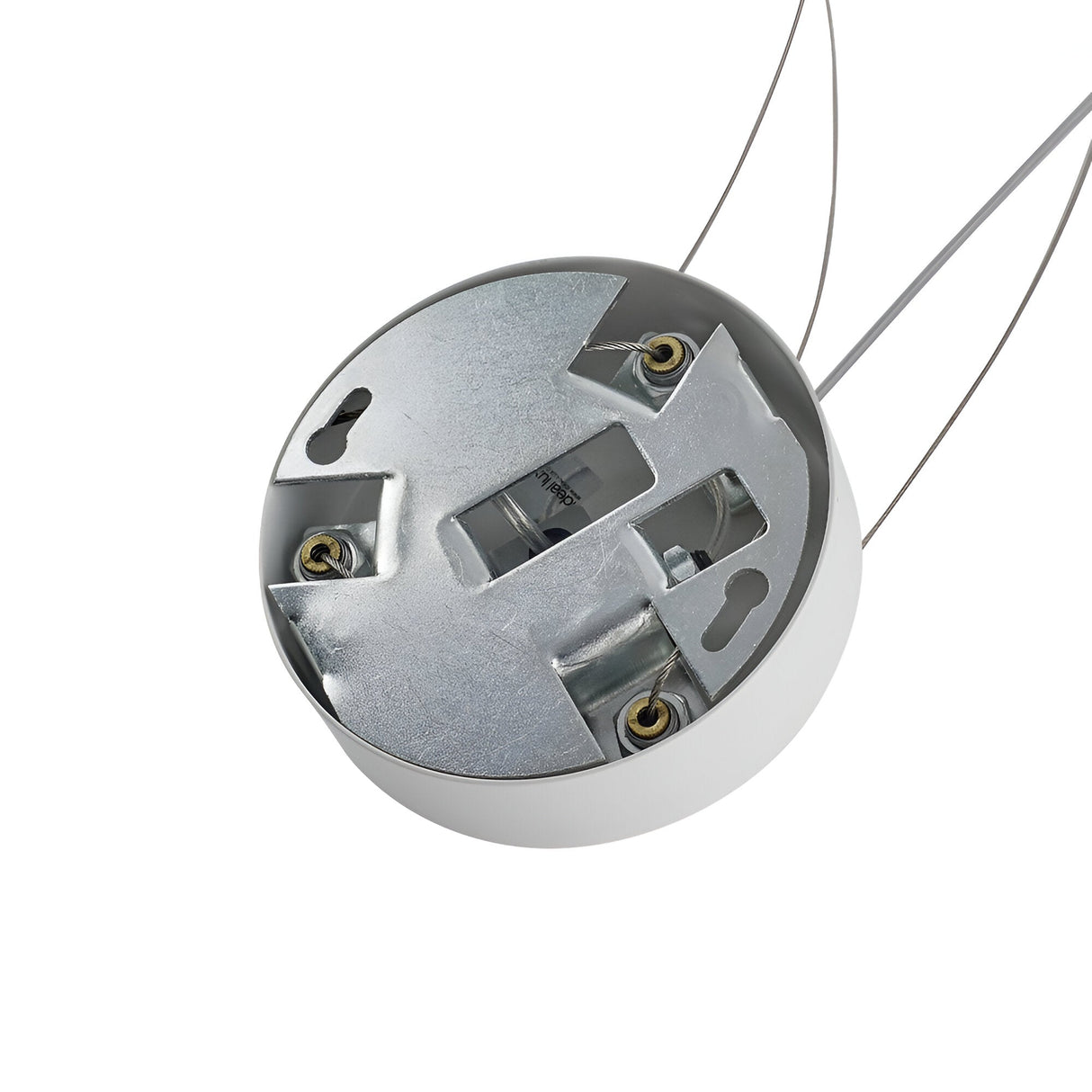A close-up view of the Brilliance 1 Light Glass Pendant - White, 42cm shows its sleek white glass and metallic finish. The fixture features visible wires, two mounting holes, and screw connections designed for secure ceiling installation.