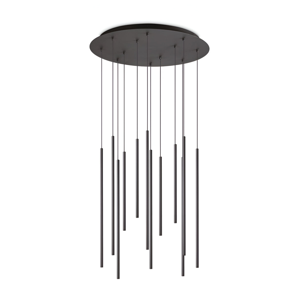 The Celestia 12 Light LED Cluster Pendant 25W 3000K in black features a modern design with a round black base and multiple thin, vertical rods hanging at varying lengths. It offers energy-efficient illumination and creates an elegant cascading effect, ideal for enhancing modern interior lighting.