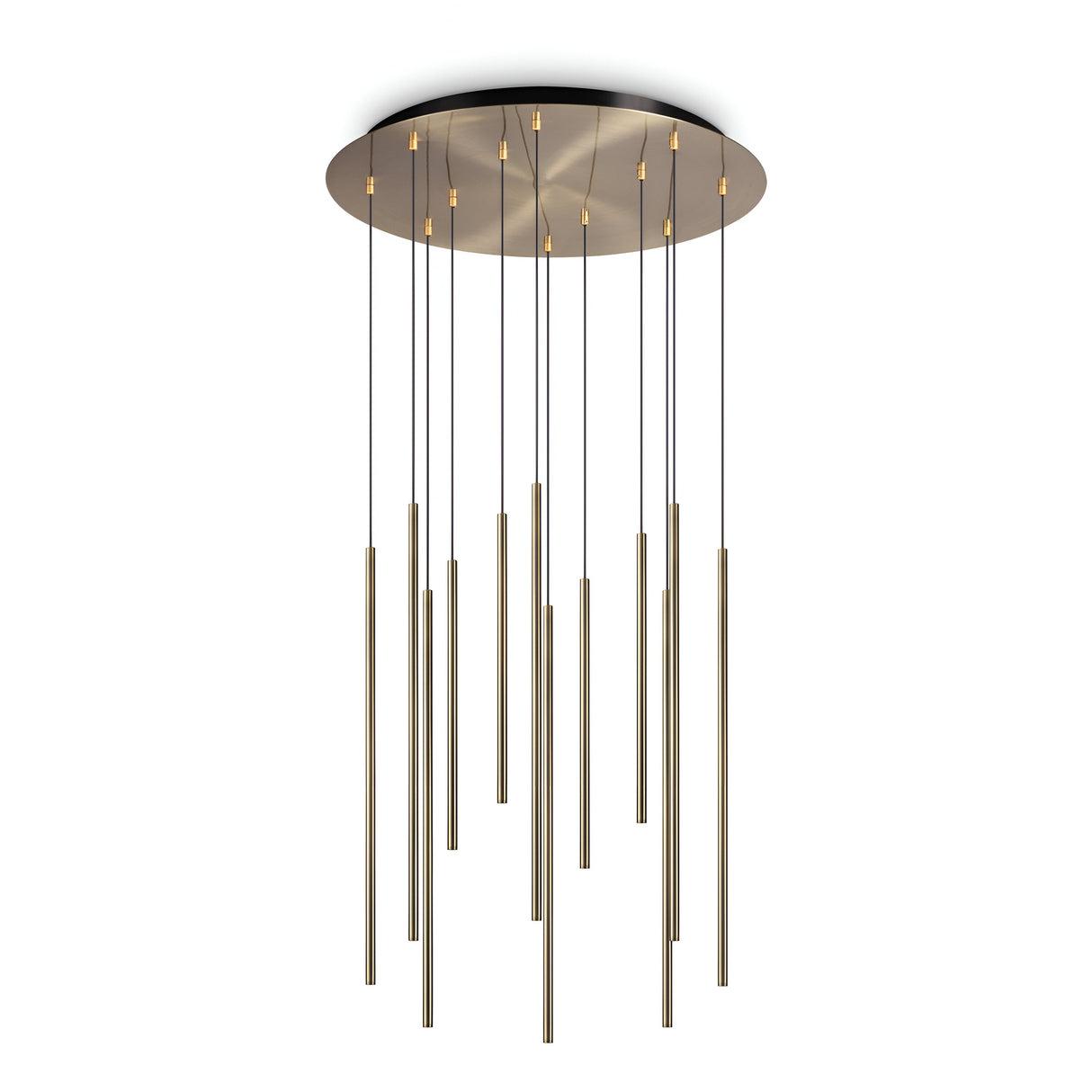 The Celestia 12 Light LED Cluster Pendant showcases a sleek and minimalist design with its circular metal base in brass finish, featuring multiple thin, elongated light rods hanging at varying lengths. This 25W, 3000K fixture embodies modern elegance in lighting.