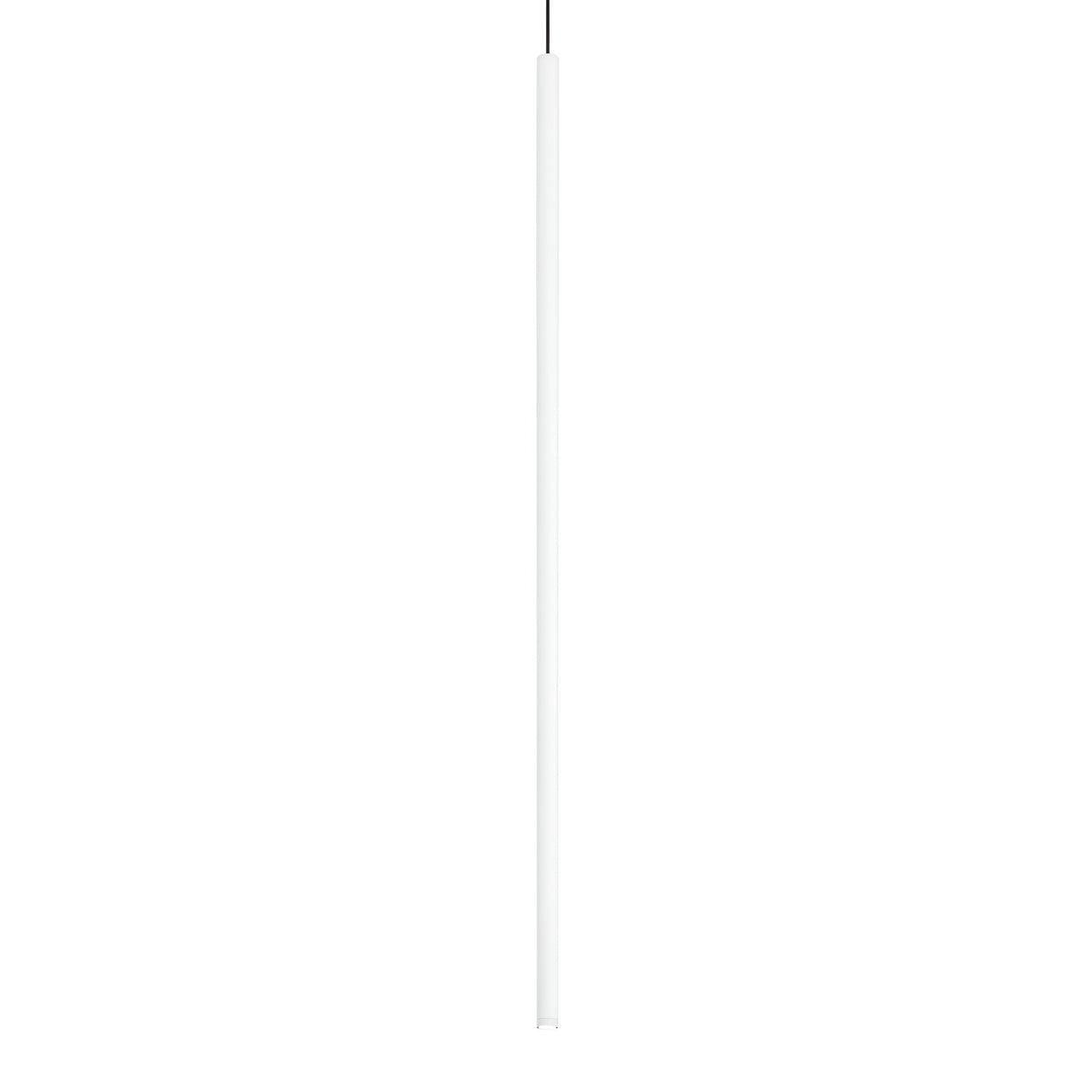 The Celestia Small LED Light Pendant showcases a minimalist cylindrical design with energy-efficient LED technology, finished in elegant white and suspended vertically by a slender black wire against a plain white background.