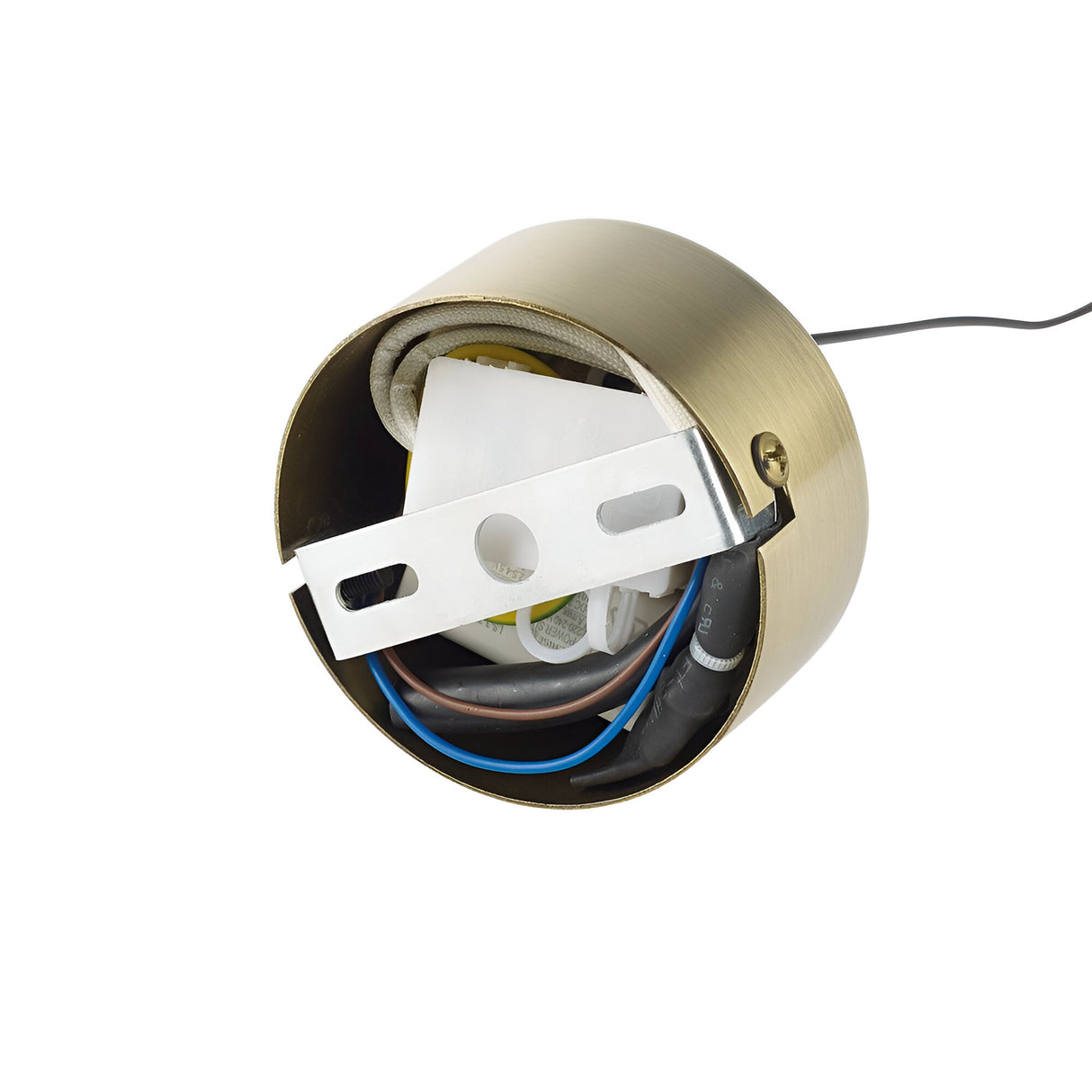 A close-up view of the energy-efficient Celestia Small LED Light Pendant in brass, showcasing its circular fixture housing with visible wiring and an internal metal mounting bracket. The light pendant is open, exposing several electrical components.