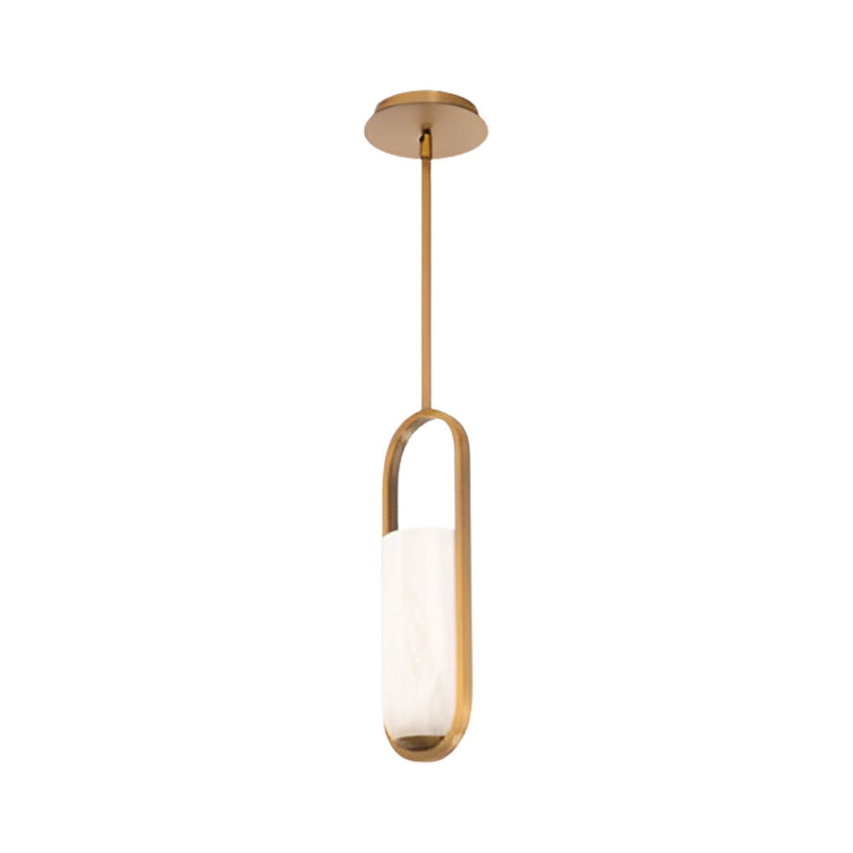 The Eliona 1 Light Capsule Alabaster Single Pendant Light features a brushed brass metal frame in an elongated oval design with a soft white alabaster glass shade, elegantly suspended from the ceiling.