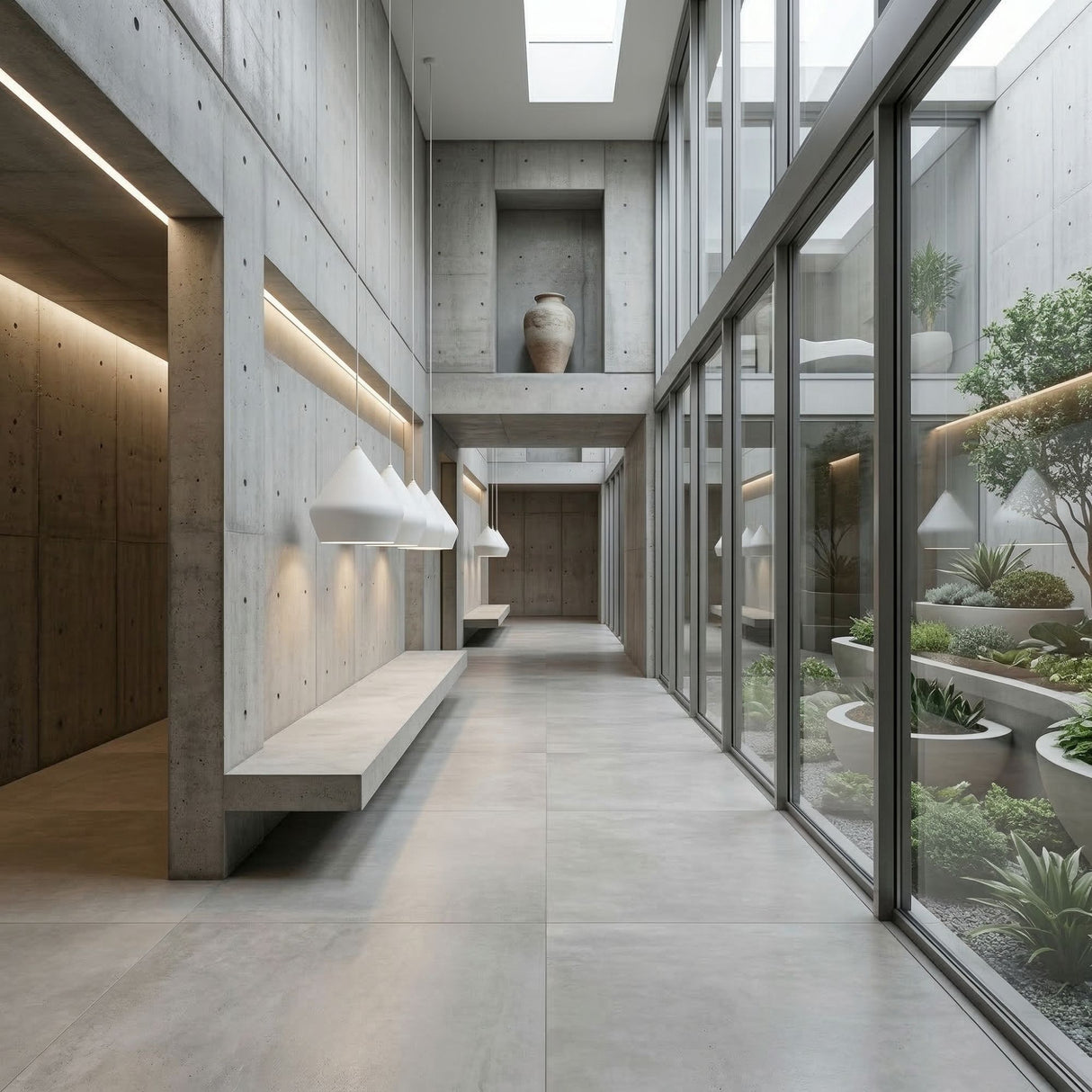 A modern minimalist hallway with concrete walls and floors, built-in benches, large glass windows overlooking an indoor garden with plants and a stone planter, and a Funk Stout Large Pendant Light - White hanging overhead.