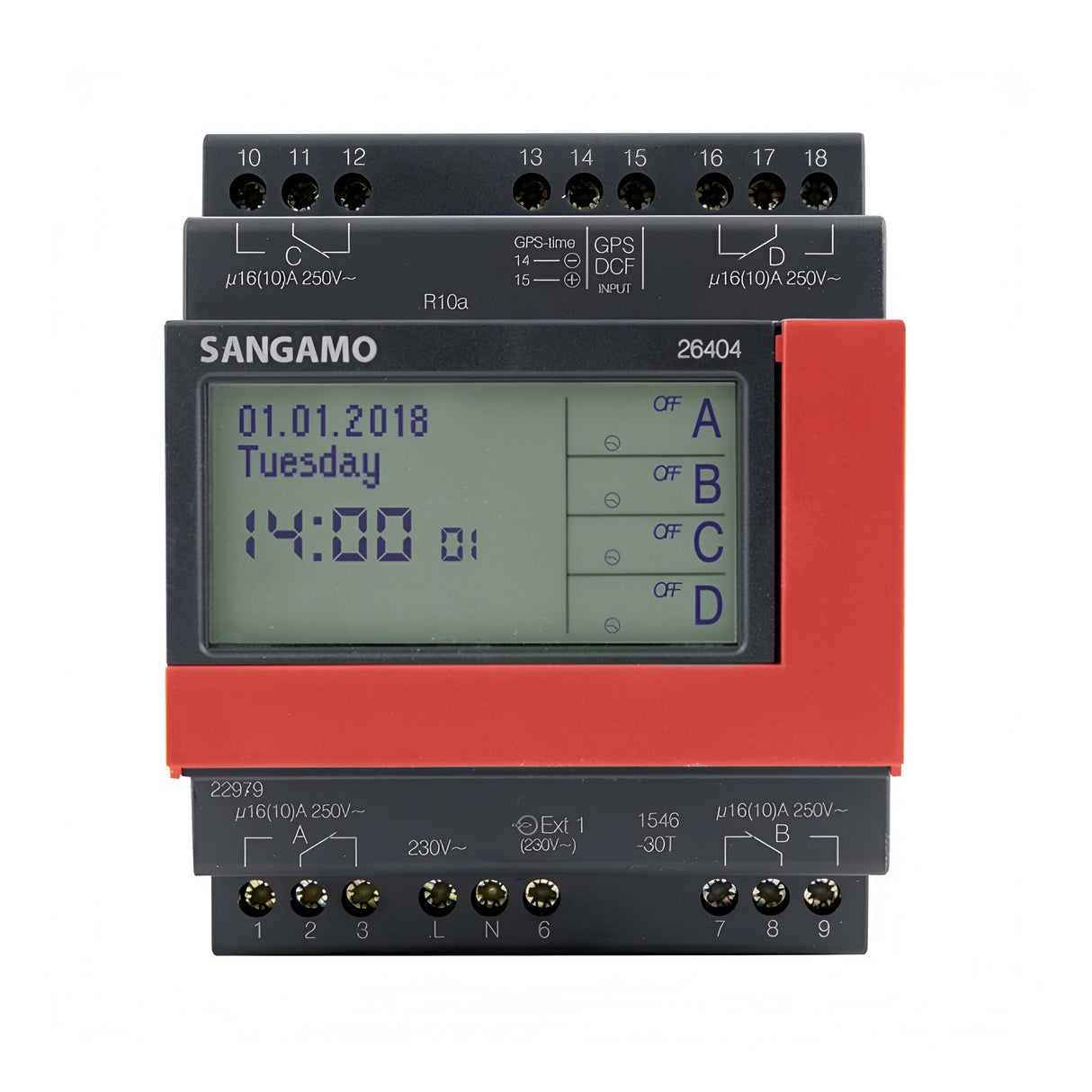 The DIN Rail 4 Module 4 Channel 7 Day Time Switch is an electronic time switch equipped with a digital display for date, day, and time. It features multiple labeled buttons and switches to facilitate easy programming and control of electrical devices. This module includes a sturdy 16A changeover contact for dependable performance.