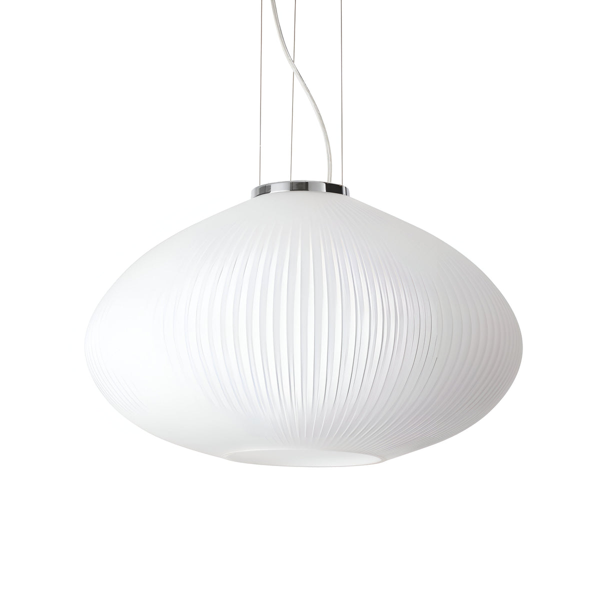 A contemporary pendant light named the Zephyr 1, measuring 45cm, features a round design with an elegant silver finish and hangs from the ceiling. It boasts subtle vertical ridges on its surface for added texture. The minimalist style is completed by a smooth, matte finish and thin suspension wires.