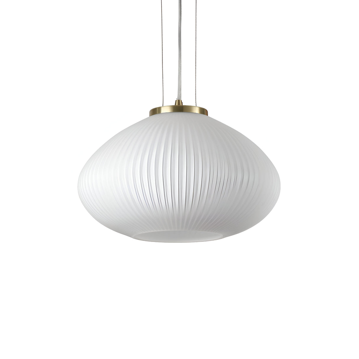 The Zephyr 1 Light Pendant - White/Gold, 35cm features a soft, rounded pleated design hanging from the ceiling, accentuated by a brushed gold detail at the top where its cords are attached. Its modern aesthetic includes an acid-etched blown glass diffuser, adding subtle texture to the surface.