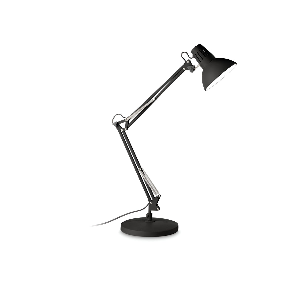 The Maive Table Lamp - Black exudes industrial charm with its elegantly poised design on a white background, featuring a round base, an articulated arm, and a dome-shaped shade.