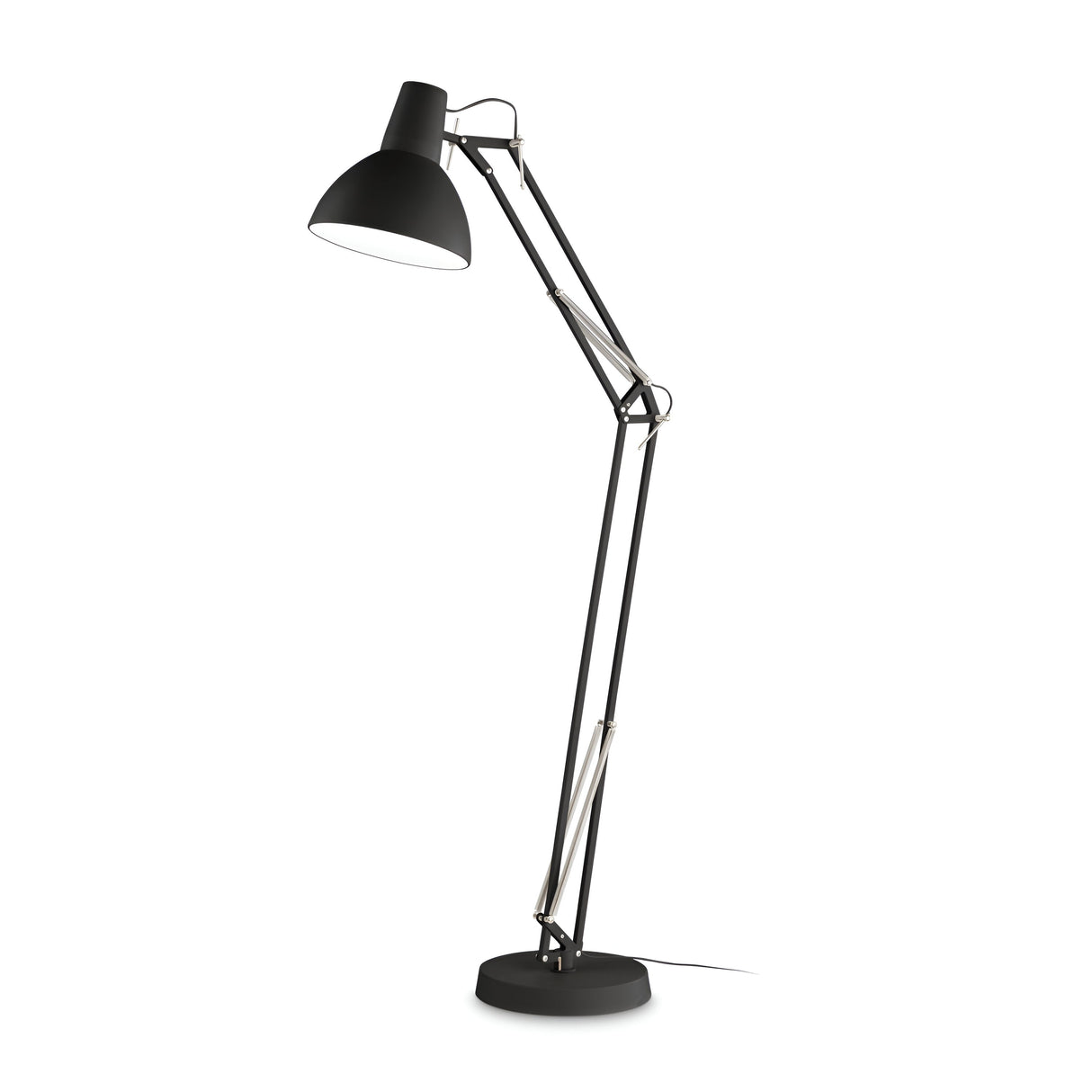 The Maive Floor Lamp - Black is an adjustable floor lamp featuring an industrial style with a large, angled shade and a sleek, minimalist design. Its adjustable arm and round base make it perfect for modern home or office environments.