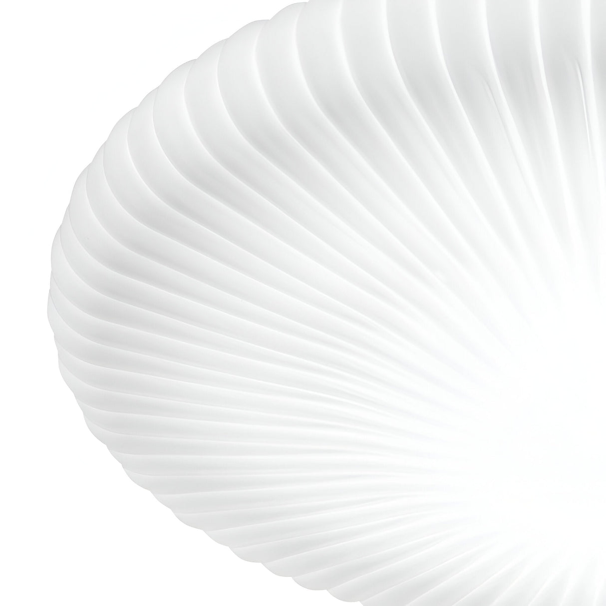 A close-up view of the Eclipse LED Ceiling & Wall Light 12W 3000K in white, featuring a ribbed, semi-circular design with smooth and symmetrical lines that create a seashell-like textured pattern.