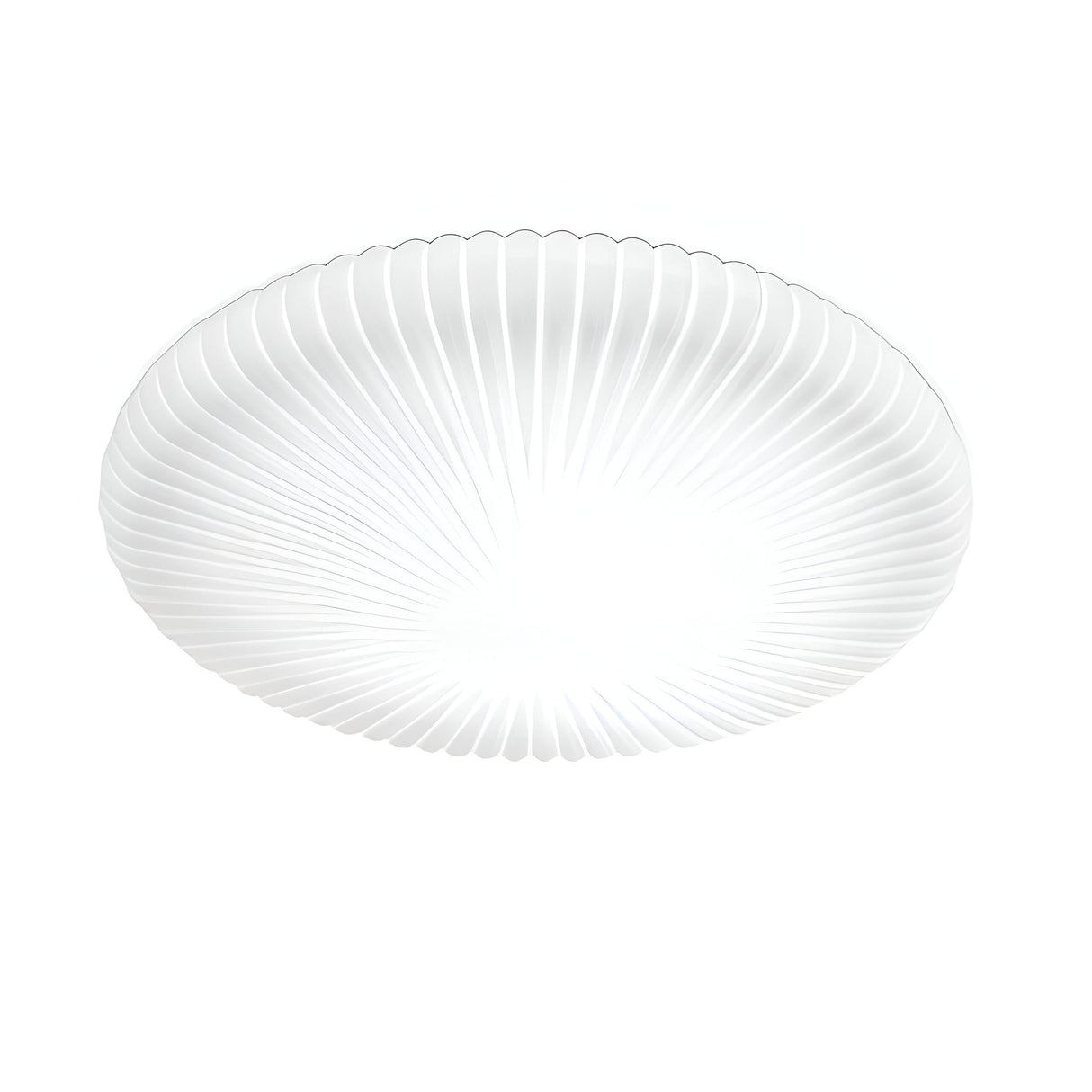 The Eclipse LED Ceiling & Wall Light 34W 3000K - White features a white, round design with a ribbed, fan-like pattern radiating from the center. It combines energy efficiency with a modern and minimalist aesthetic against a plain white background.