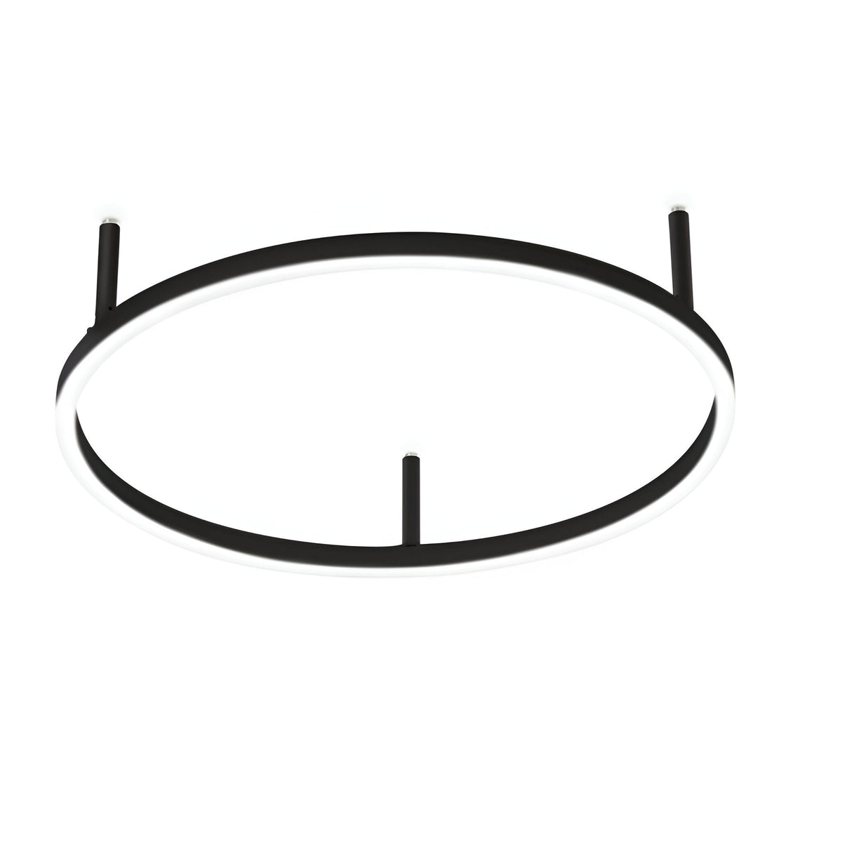 The Arcena Round LED Ceiling Light in black, measuring 50cm, showcases a minimalist design with three short support rods connecting to a mounting base. This modern lighting piece provides energy-efficient illumination, making it ideal for sleek, contemporary interiors.