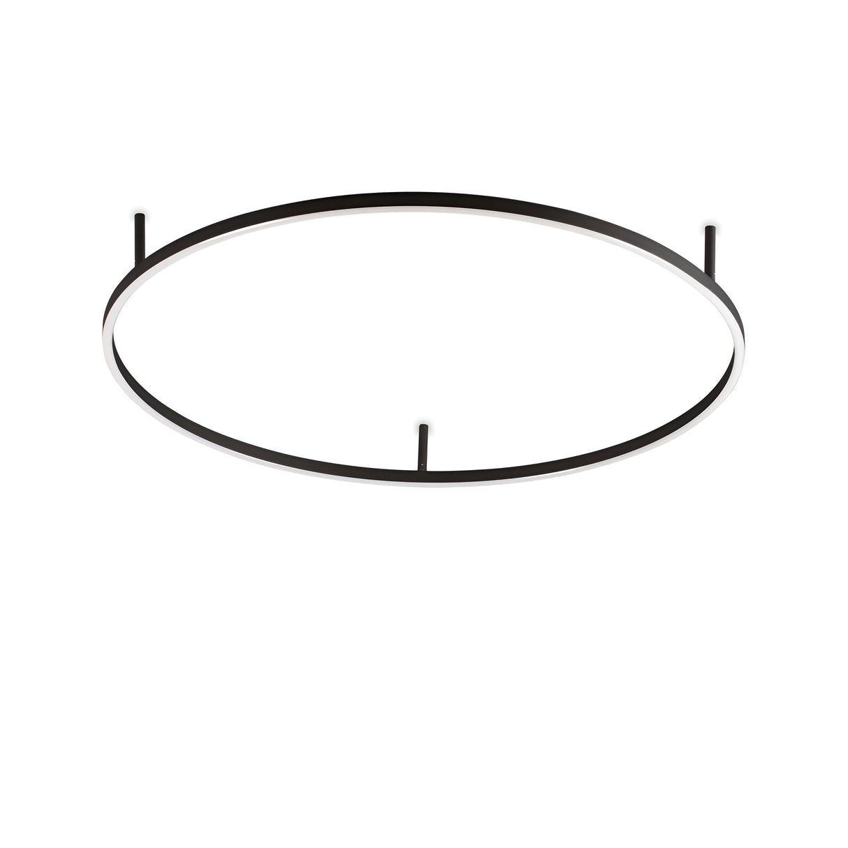 Introducing the Arcena Round LED Ceiling Light - Black, 90cm: a sleek and modern circular ceiling fixture with a minimalist design. This elegant piece features a thin black ring suspended from the ceiling by multiple small supports, providing even and energy-efficient lighting. Perfectly suited for contemporary interior spaces.