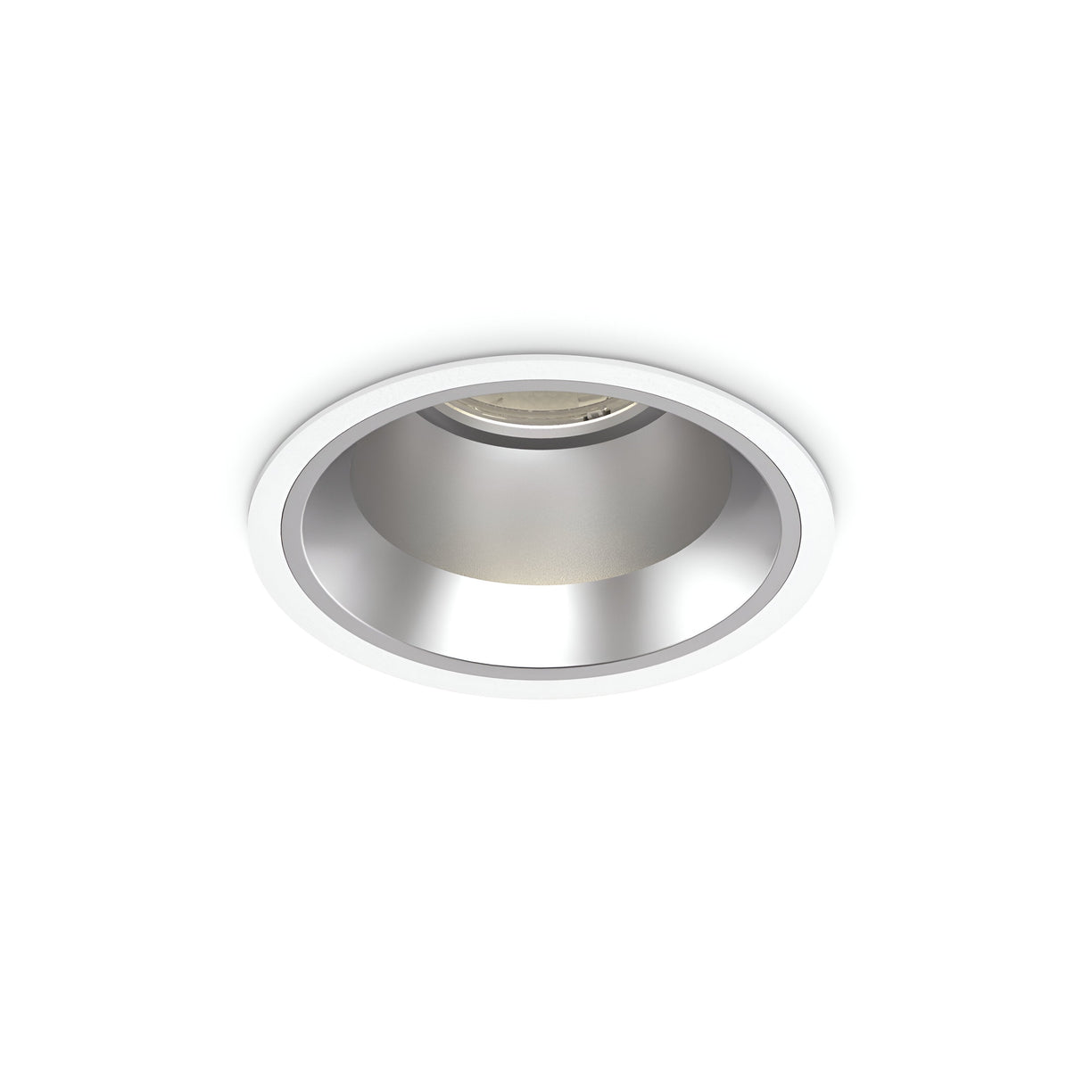 The Zeal Outdoor LED Recessed Downlight, rated IP54 and adorned with a circular white trim, showcases a reflective interior surface. Perfect for various settings, this 28W luminaire is elegantly depicted against a clean white background.