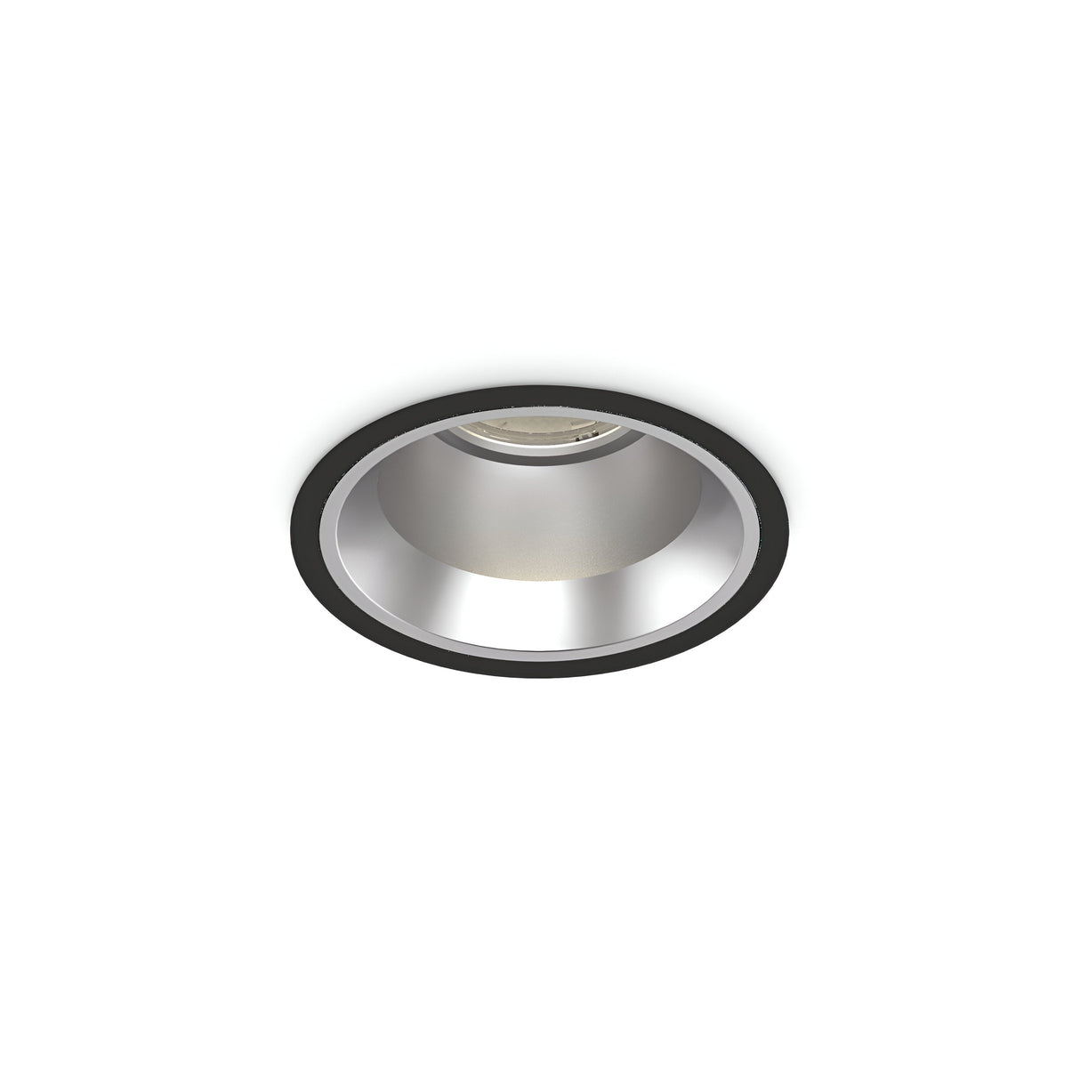The IP54-rated Zeal Outdoor LED Recessed Downlight in black features a sleek, modern design and central light source. This 15W, 4000K minimalist fixture integrates seamlessly into the ceiling surface, offering both style and functionality.