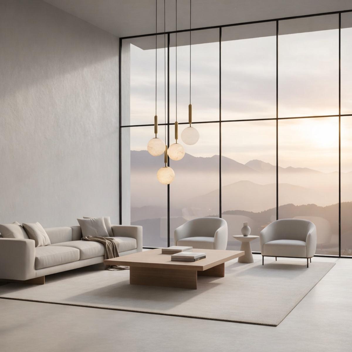 A modern, minimalist living room with neutral-toned furniture, a large wooden coffee table, the Lucentis 1 Light Globe Alabaster Single Pendant Light in soft white & brass, and floor-to-ceiling windows overlooking mountains at sunrise.