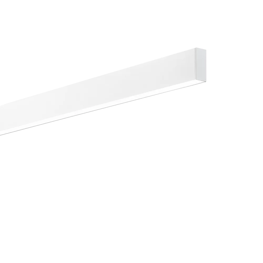 The Ignitia-1 LED Suspension Light 36W 3000K - White elegantly adorns the ceiling with its modern design. Its minimalist, angular form is highlighted by a series of small, evenly spaced LEDs on the underside, emitting a warm color temperature that adds to its stylish appeal.