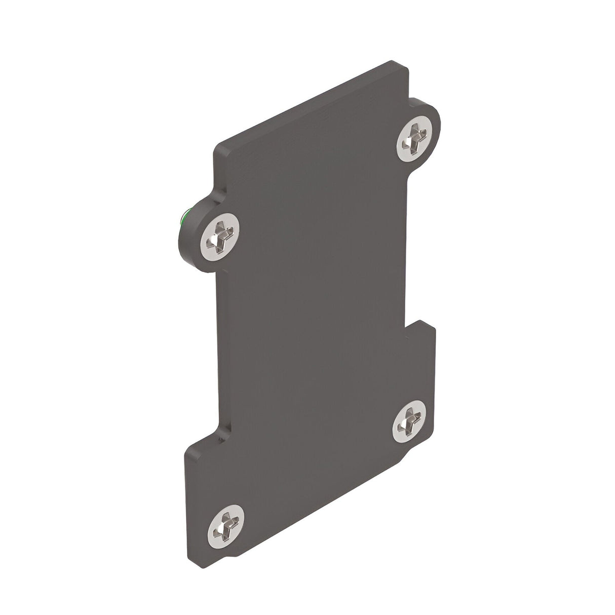 A flat, rectangular black metal plate with rounded corners and four circular screw holes, one at each corner. This Luxeon-2 Small Recessed End Power Cap Track is designed for mounting components or fastening purposes.