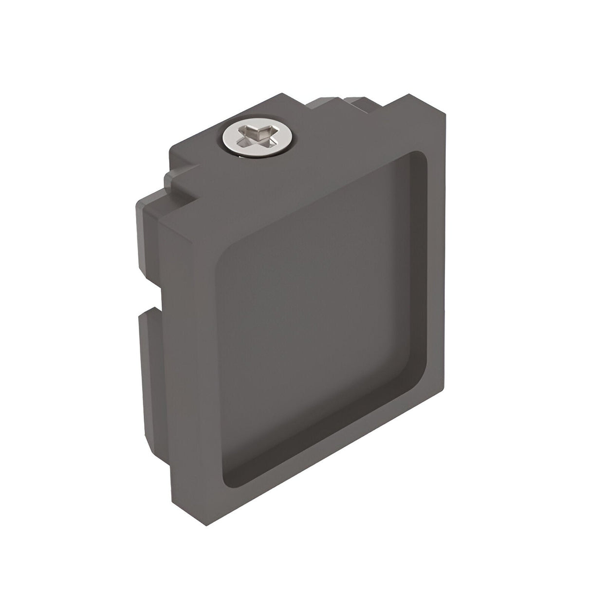 A 3D-rendered image depicting a Luxeon-2 Small End Power Cap for a 3-Phase Track in black, showcasing a rectangular metal bracket with a recessed square center and intricate side notches, along with a visible screw at the top.