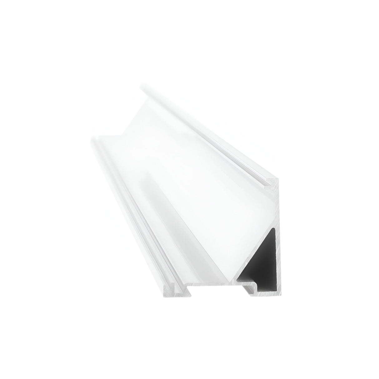 The Arcus LED Corner Profile 3m 31x31cm is an aluminum extrusion with a white, triangular shape, featuring a flat base and angled sides. Displayed on a plain white background, this profile has a hollow center and precise edges, making it ideal for construction or industrial applications with its surface-mounted design benefits.