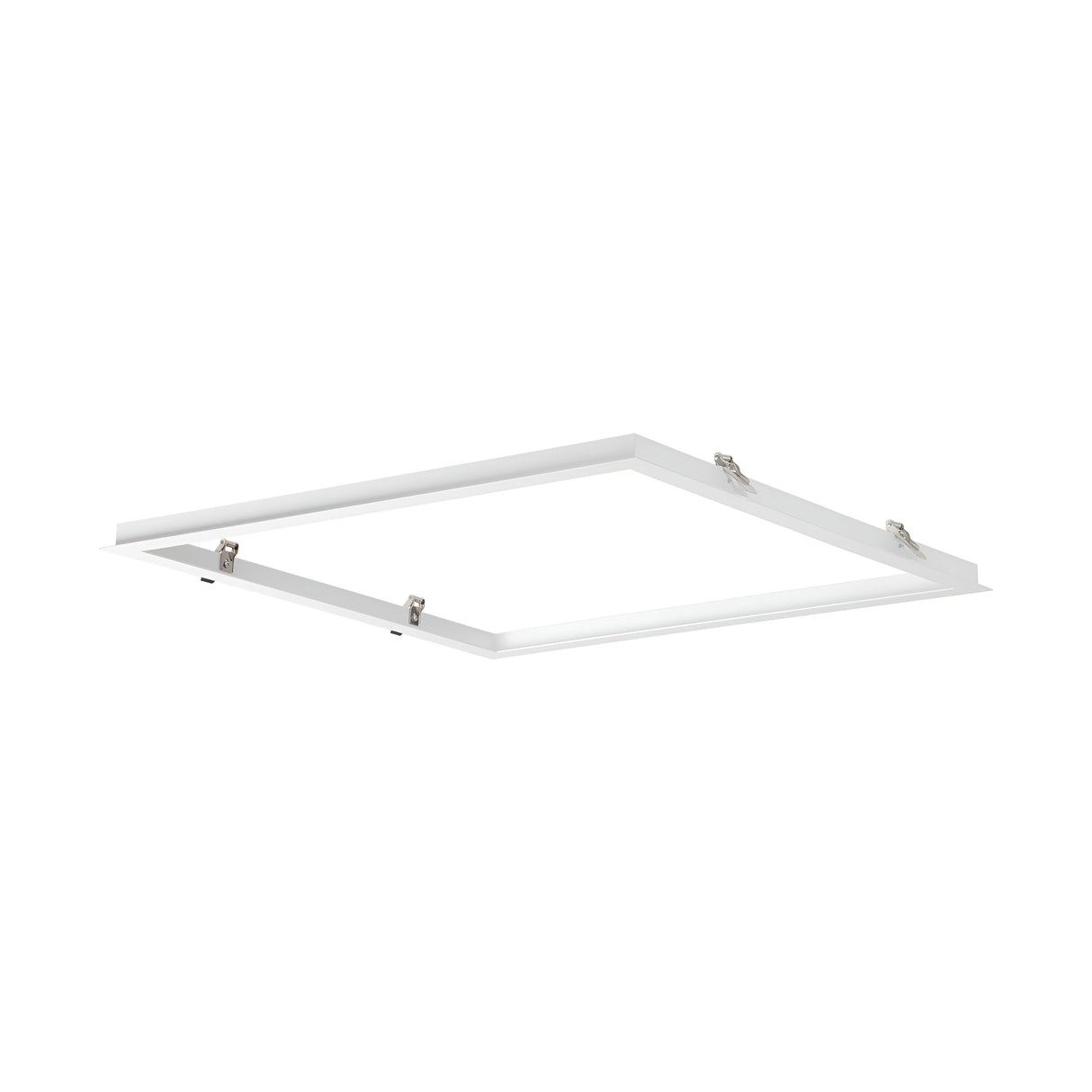 Positioned against a plain white background is a square LED panel light featuring a sleek and modern design, enhanced by its white frame. This panel, specifically designed for use with the Omera Recessed Frame For Downlight - White, includes mounting clips on each side for easy installation in downlight setups.