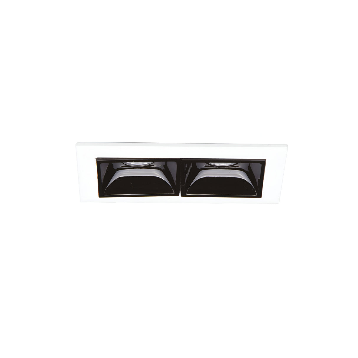 The Phosix Trim LED Recessed Downlight, featuring a rectangular design with two black adjustable lamp heads within a sleek white frame, offers energy-efficient lighting against a simple white backdrop.